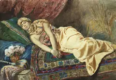 Antonio Gargiullo, Harem girl reclining on patterned carpet, watercolour