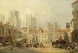 Henry Gritten, View of the market sqaure, Wells, with the cathedral beyond, oil on panel