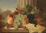 George Lance, Still life of fruit with a goldfinch, oil on canvas