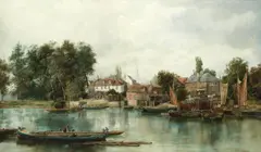 William Howard, A bustling riverside town, oil on canvas
