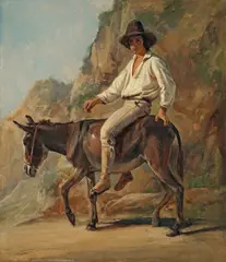 Studie eines auf dem Rücken eines Esels sitzenden italienischen Jungen mit Hut by Franz Ludwig Catel, Um 1830, Öl auf Papier, auf Holz aufgezogen, sold May 2012