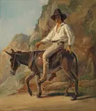 Franz Ludwig Catel, Studie eines auf dem Rücken eines Esels sitzenden italienischen Jungen mit Hut, Um 1830, Öl auf Papier, auf Holz aufgezogen
