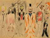 Oskar Schlemmer, Entwurf für das Figurale Ballett, 1935, Farbige und schwarze Kreide sowie Farbstift auf dünnem Papier