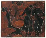 Christian Rohlfs, Tod als Jongleur, 1921, Holzschnitt, mit brauner Gouache gedruckt, überarbeitet mit schwarzer Gouache und Tuschpinsel und -feder