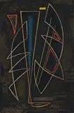 Adolf Fleischmann, Spitzwinklige Komposition auf dunklem Grund, 1948, Öl auf Rupfen