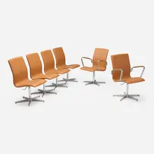 Walter Knoll, Dining chairs, set of six, c. 1975, leather upholstery, aluminum, chrome-plated steel