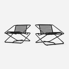 Ron Arad, Rocking chairs, pair, 1981, enameled, rubberized, and chrome-plated steel, bungee cords
