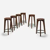 Stools from Punjab University, Chandigarh, set of six by Pierre Jeanneret, c. 1965, teak, painted steel, sold Jul 2026