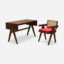 Desk and chair from Chandigarh by Pierre Jeanneret, c. 1960, teak, cane, upholstery, sold Jul 2026