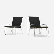 Verner Panton, Bachelor chairs model 3351, pair, 1955, woven vinyl-coated polyester mesh, chrome-plated steel