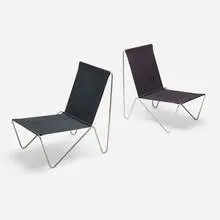 Verner Panton, Bachelor chairs model 3351, pair, 1955, chrome-plated steel, nickel-plated steel, cotton upholstery