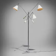 Angelo Lelii, Triennale floor lamp, model 12128, 1947, chrome-plated brass, chrome-plated steel, lacquered aluminum, lacquered steel