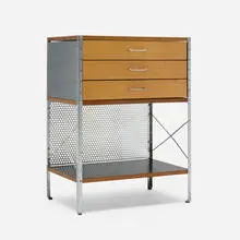 ESU 270-N by Charles and Ray Eames, 1950, birch plywood, zinc-plated steel, lacquered Masonite, lacquered plywood, rubber, sold Jul 2026