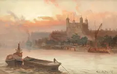 'By the Tower' and 'Westminster from Lambeth' by George Hyde Pownall, oil on board, offered Mar 2019