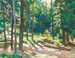 Walter Langhammer, A sunlit forest glade, oil on canvas