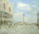 Luigi Mantovani, View of the venetian lagoon from the Doge's Palace, oil on board