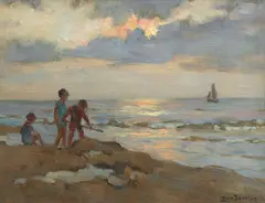 Louis Soonius, Children on a beach, oil on panel