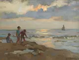 Louis Soonius, Children on a beach, oil on panel