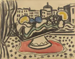Werner Heldt, Blick aus dem Fenster mit Fruchtkorb, 1951, Aquarell und Kohle auf Papier