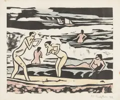 Max Pechstein, Badende IX, 1912, Holzschnitt auf Bütten, koloriert