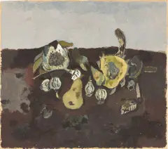 Hermann Bachmann, Stillleben mit Birnen und Mohnkapseln, Um 1950, Öl auf festem bräunlichen Papier