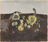 Hermann Bachmann, Stillleben mit Birnen und Mohnkapseln, Um 1950, Öl auf festem bräunlichen Papier