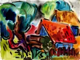 Rudolf Bredow, Die zwei blauen Häuser, 1972, Aquarell über Bleistift auf Aquarellkarton