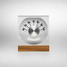 Modern, Desk thermometer, c. 1970, screen-printed acrylic, walnut, aluminum