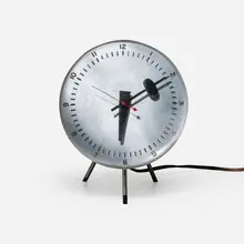 Table clock, model 4764A by George Nelson & Associates, 1949, acrylic, nickel-plated steel, stainless steel, enameled aluminum, rubber, sold Jul 2026