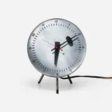 Table clock, model 4764A by George Nelson & Associates, 1949, acrylic, nickel-plated steel, stainless steel, enameled aluminum, rubber, sold Jul 2026