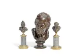 19th century patinated bronze bust of Voltaire cast by Barbedienne and a pair of 19th century patinated bronze miniature busts of Voltaire and Moliere by Jean-Antoine Houdon, patinated bronze, sold Mar 2019
