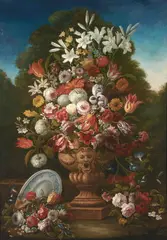 Giacomo Nani, An opulent floral still life in a garden urn; also a companion painting (a pair), both oil on canvas
