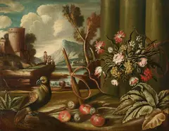 Giacomo Nani, A capriccio with flowers, fruit and a bird in the foreground; also a companion painting (a pair), both oil on canvas
