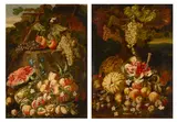 Abraham Brueghel, A still life of peaches, pears, grapes, pomegranates, watermelon, with wildflowers and a bird in a landscape; also a companion painting (a pair), both oil on canvas