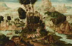 Maerten Jacobsz. van Heemskerck, The huntress with hounds in an extensive landscape, oil on panel