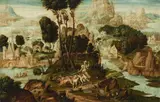 Maerten Jacobsz. van Heemskerck, The huntress with hounds in an extensive landscape, oil on panel