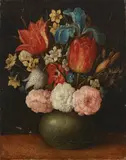 Ambrosius Bosschaert, A still life of flowers in a vase, oil on thick wove paper laid down on board