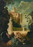 Christian Berentz, A garden view with a peacock, turkey and an array of fruit in the foreground; also a companion painting (a pair), both oil on canvas