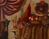 Francesco Fieravino, An elaborate still life of fruit and arms on a draped table, oil on canvas