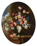 An oppulent still life of flowers in a vase; also a companion painting (a pair) by Continental School, both oil on canvas laid down on board, offered Nov 2018