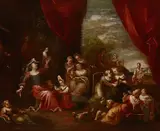Antonio Amorosi, An Italianate interior with a seated woman holding a box surrounded by numerous figures, children and dogs; also a companion painting (a pair), both oil on canvas