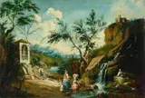 Antonio Diziani, An extensive landscape with figures by a rushing stream, oil on canvas