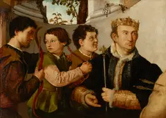 Venetian School, A portrait of a regal figure thought to be King Louis IX of France with three male attentants, oil on canvas