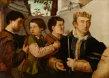 Venetian School, A portrait of a regal figure thought to be King Louis IX of France with three male attentants