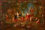Johann Georg Platzer, A garden landscape with goddesses and putti in a painted floral cartouche, oil on canvas
