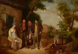 A farmyard scene with figures outside a cottage by English School, oil on canvas, sold Nov 2018