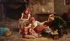 Domenico Viola, A cottage interior with figures feeding a turkey, oil on canvas