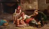 Domenico Viola, A cottage interior with figures feeding a turkey, oil on canvas