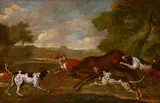 A stag being attacked by hounds by English School, oil on canvas, offered Nov 2018