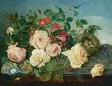 Emily Stannard, Roses and wild flowers with a bird's nest on a ledge, oil on canvas